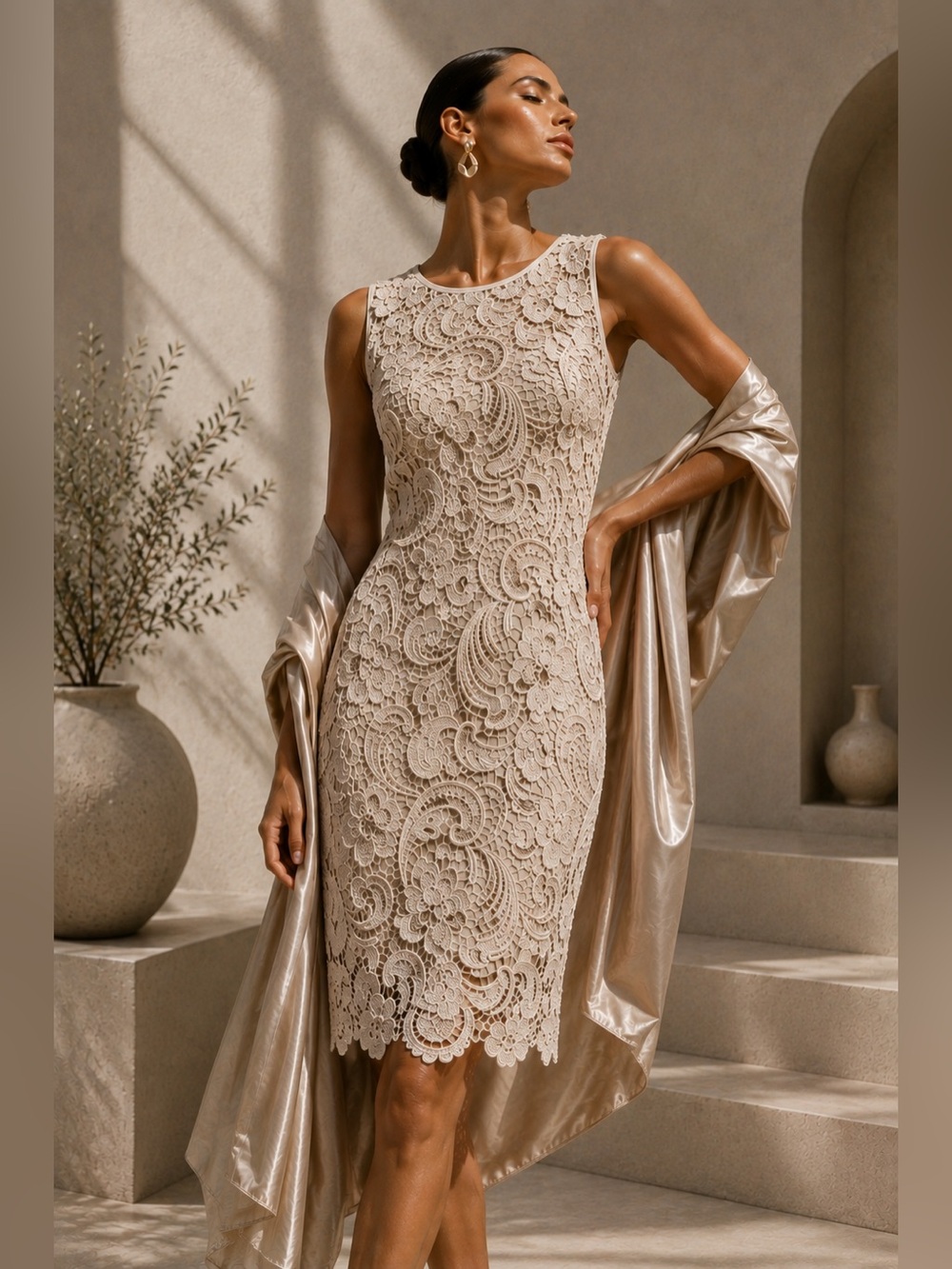 Adrianna Papell Sz 4 Champagne Floral Thick Lace Sheath Cocktail Dress Scallop